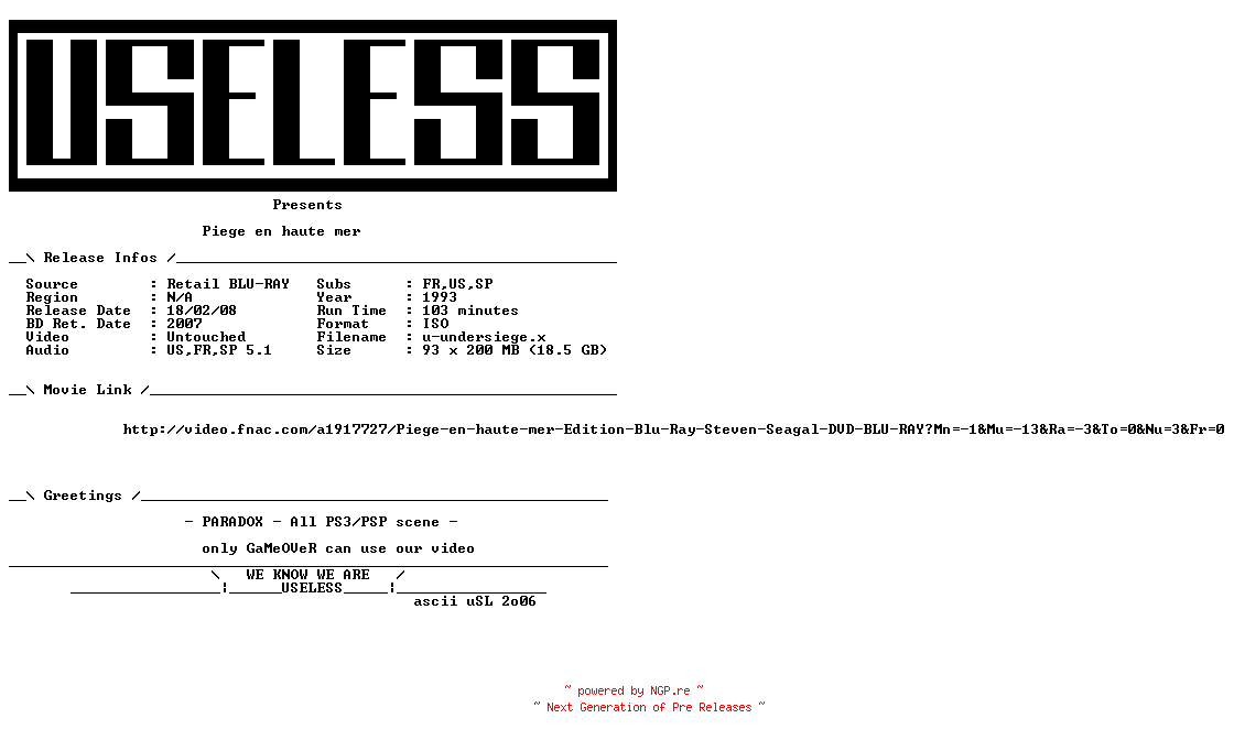NFO for the release Piege.En.Haute.Mer.1992.MULTi.BLURAY-USELESS by USELESS