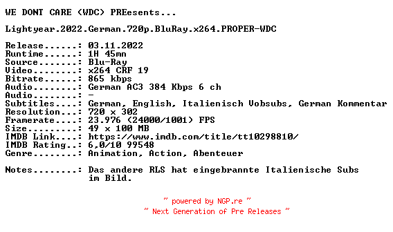 NFO for the release Lightyear.German.2022.AC3.BDRiP.x264.PROPER-WDC by WDC