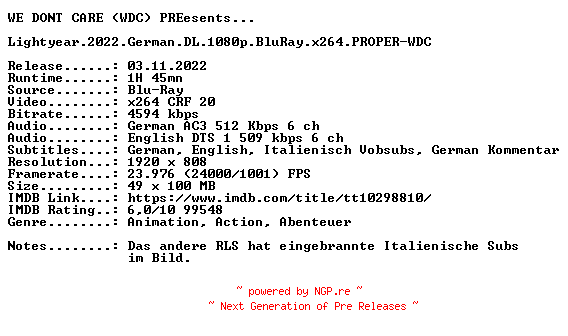 NFO for the release Lightyear.2022.German.DL.1080p.BluRay.x264.PROPER-WDC by WDC