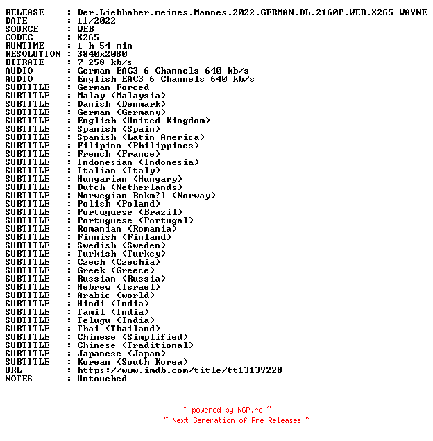NFO for the release Der.Liebhaber.meines.Mannes.2022.GERMAN.DL.2160P.WEB.X265-WAYNE by WAYNE