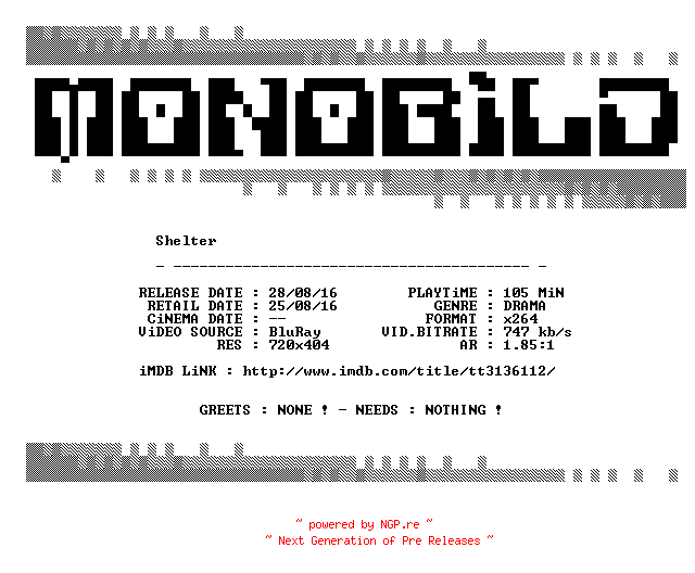 NFO for the release Shelter.2014.German.BDRip.x264-MONOBiLD by MONOBiLD