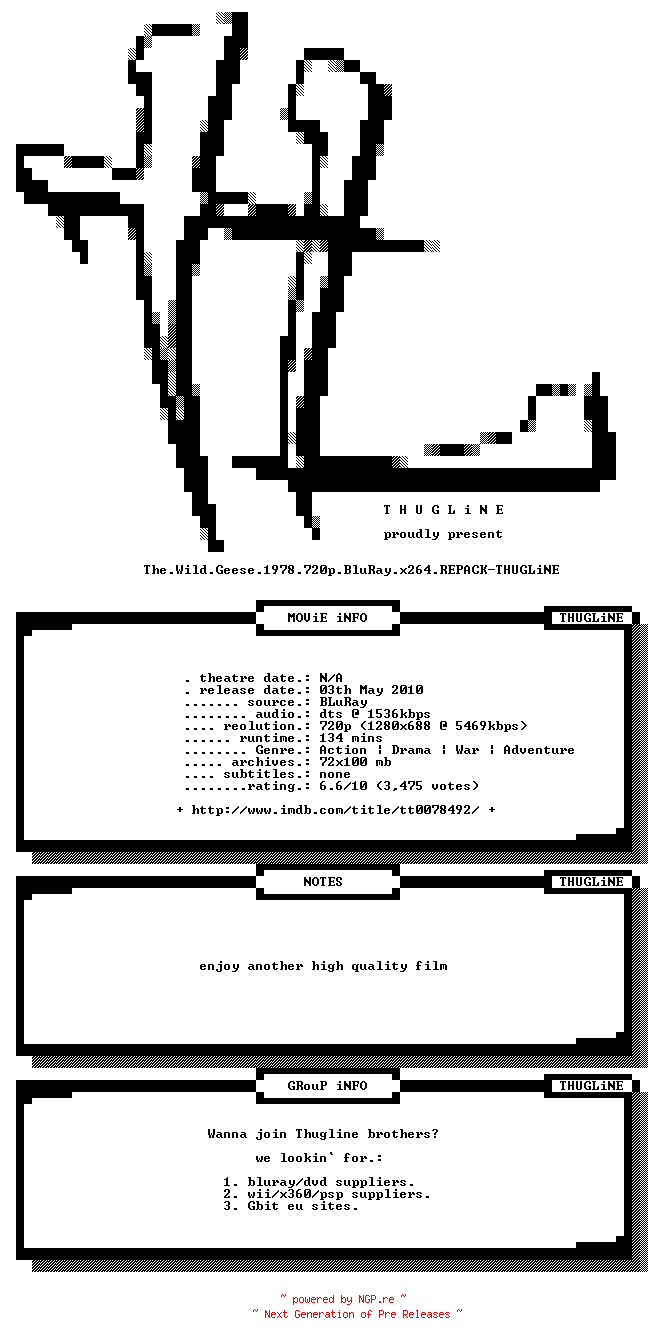 NFO for the release The.Wild.Geese.1978.720p.BluRay.x264.REPACK-THUGLiNE by THUGLiNE