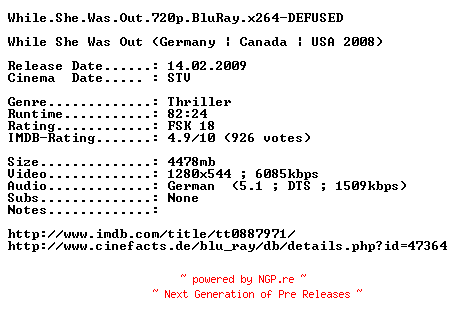 NFO for the release While.She.Was.Out.720p.BluRay.x264-DEFUSED by DEFUSED