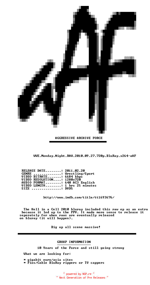 NFO for the release WWE.Monday.Night.RAW.2010.09.27.720p.BluRay.x264-aAF by aAF