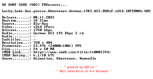 NFO for the release Lucky.Luke.Das.grosse.Abenteuer.German.1983.AC3.BDRiP.x264.iNTERNAL-WDC by WDC