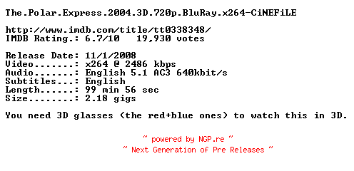 NFO for the release The.Polar.Express.2004.3D.720p.BluRay.x264-CiNEFiLE by CiNEFiLE