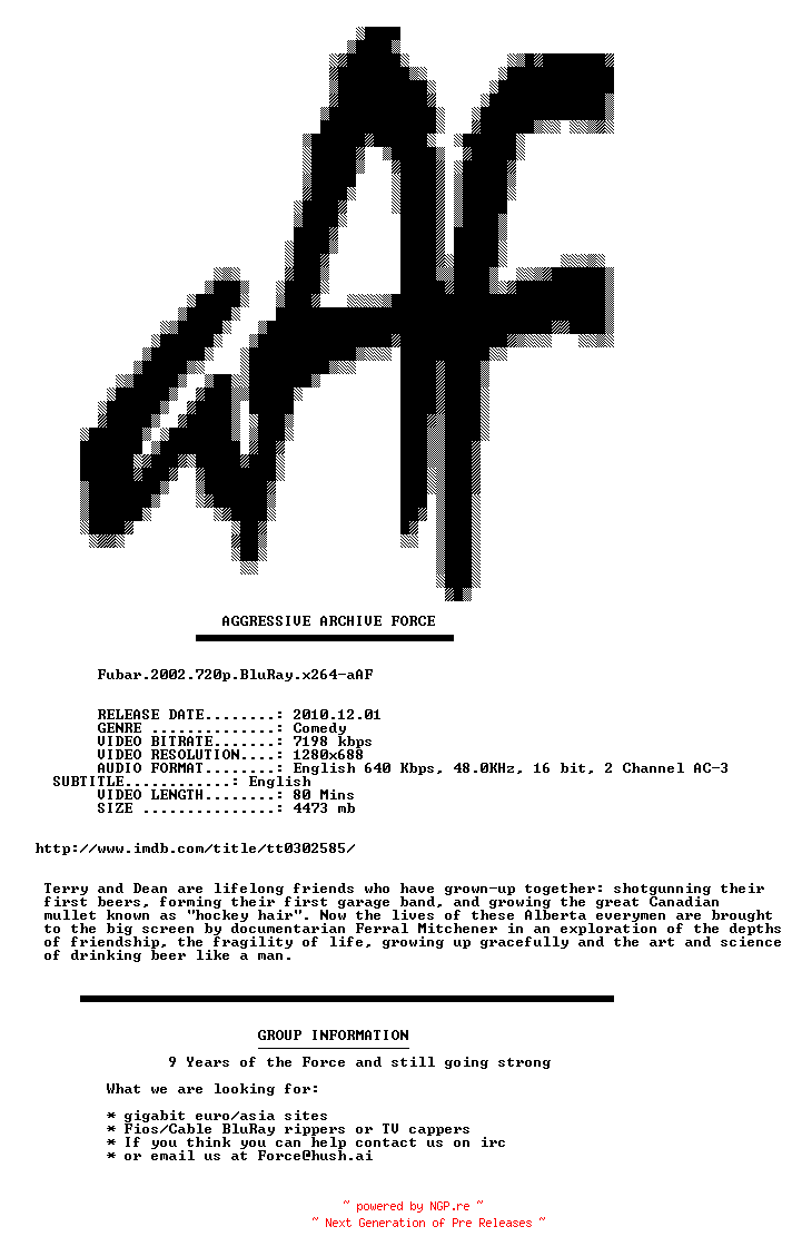 NFO for the release Fubar.2002.720p.BluRay.x264-aAF by aAF