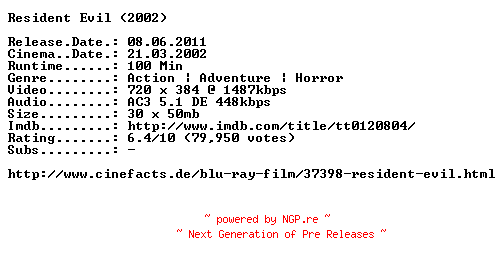 NFO for the release Resident.Evil.German.2002.AC3.BDRip.XviD.INTERNAL-ARC by ARC