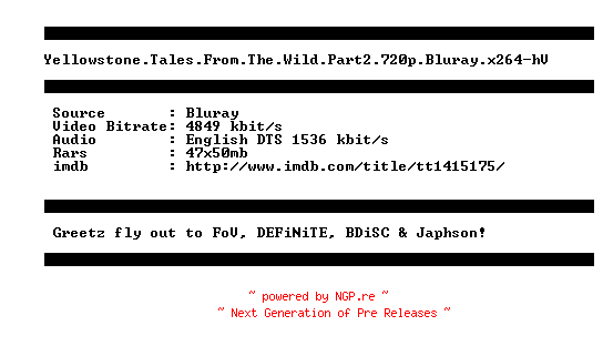 NFO for the release Yellowstone.Tales.From.The.Wild.Part2.720p.Bluray.x264-hV by hV