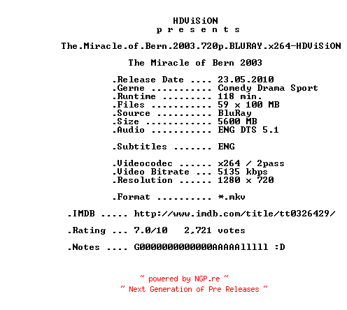 NFO for the release The.Miracle.of.Bern.2003.720p.BLURAY.x264-HDViSiON by HDViSiON