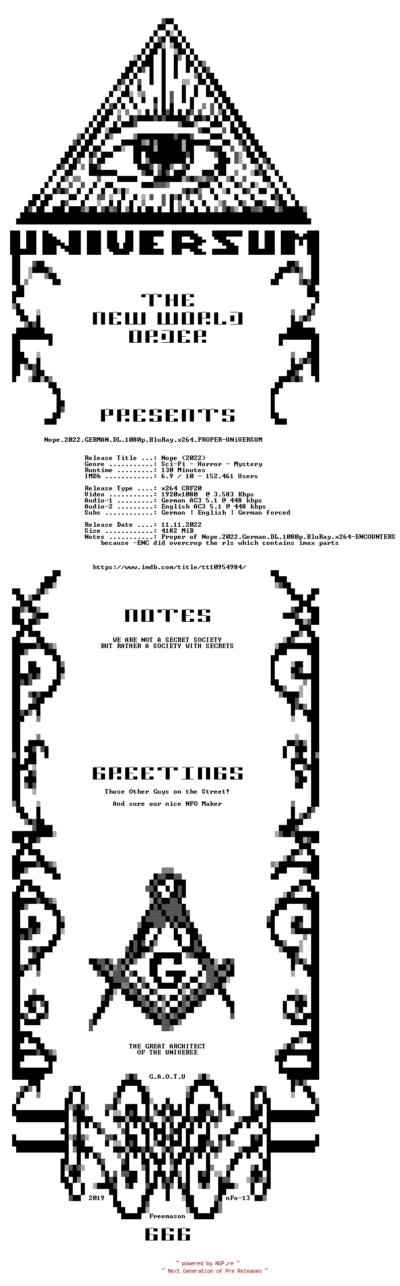 NFO for the release Nope.2022.GERMAN.DL.1080p.BluRay.x264.PROPER-UNiVERSUM by UNiVERSUM