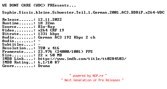 NFO for the release Sophie.Sissis.kleine.Schwester.Teil.1.German.2001.AC3.BDRiP.x264-WDC by WDC