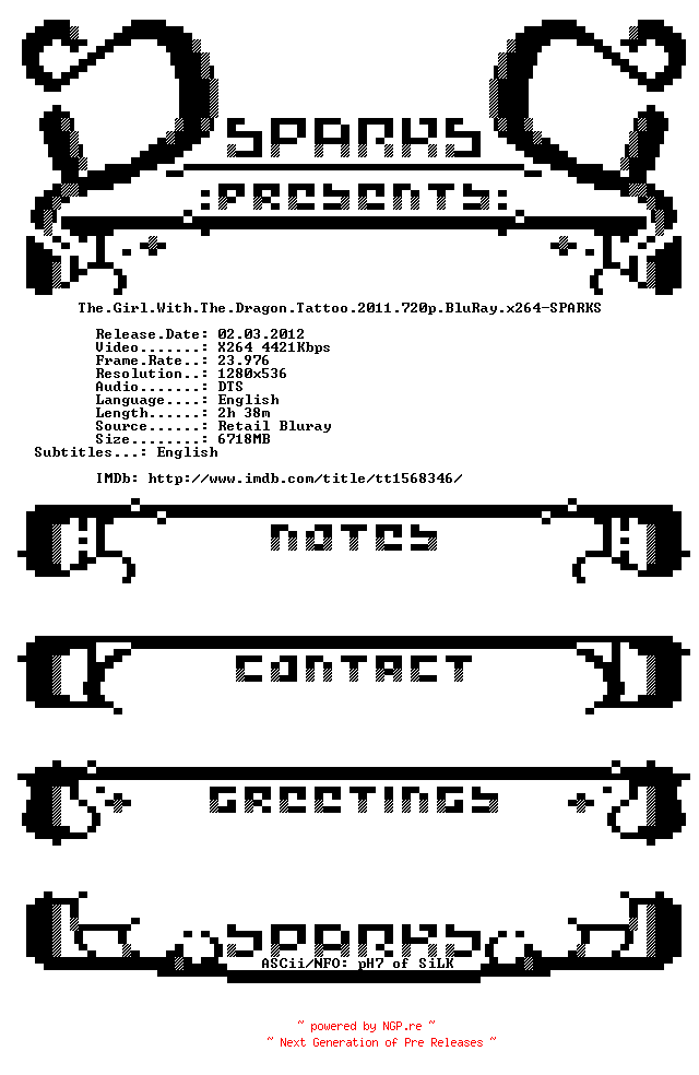 NFO for the release The.Girl.With.The.Dragon.Tattoo.2011.720p.BluRay.x264-SPARKS by SPARKS