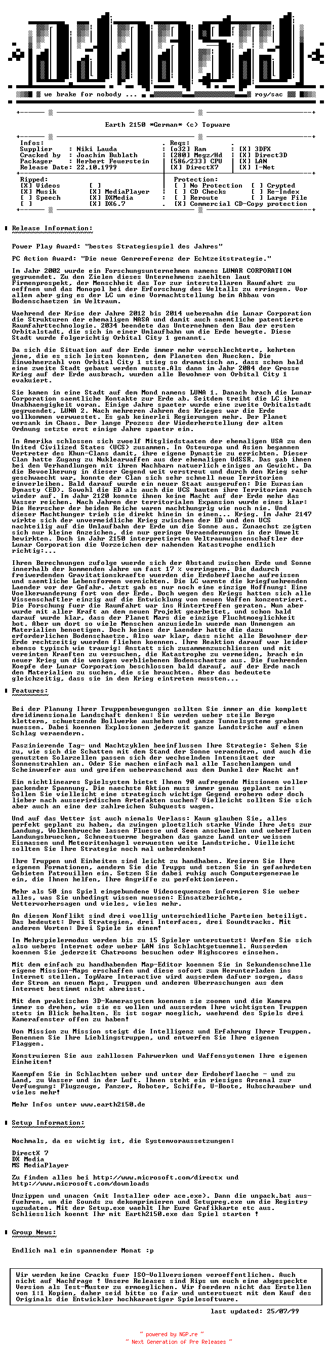 NFO for the release Earth.2150.GERMAN-DYNASTY by DYNASTY