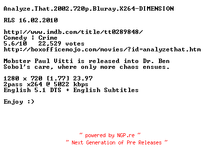 NFO for the release Analyze.That.2002.720p.Bluray.X264-DIMENSION by DIMENSION