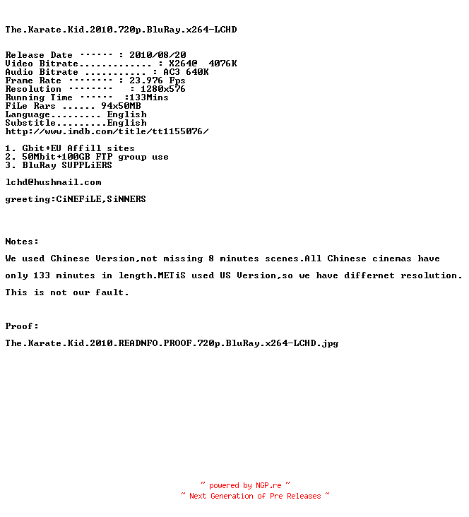 NFO for the release The.Karate.Kid.2010.READNFO.PROOF.720p.BluRay.x264-LCHD by LCHD