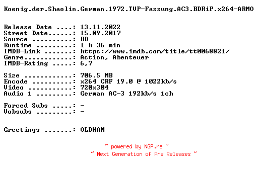 NFO for the release Koenig.der.Shaolin.German.1972.TVP-Fassung.AC3.BDRiP.x264-ARMO by ARMO