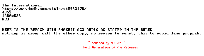 NFO for the release The.International.REPACK.720p.Bluray.x264-HUBRIS by HUBRIS