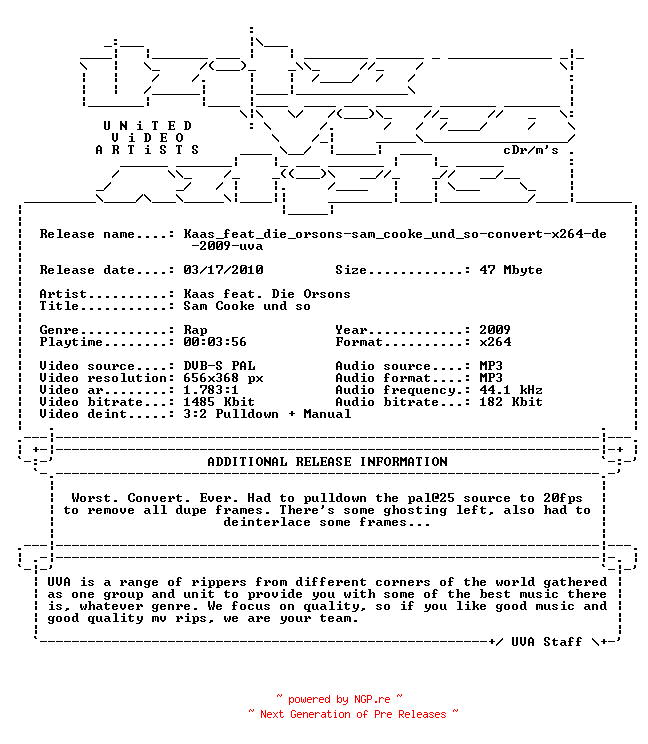 NFO for the release Kaas_feat_die_orsons-sam_cooke_und_so-convert-x264-de-2009-uva by uva