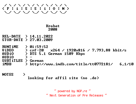 NFO for the release Krabat.2008.German.1080p.BluRay.x264.iNTERNAL-FiSSiON by FiSSiON