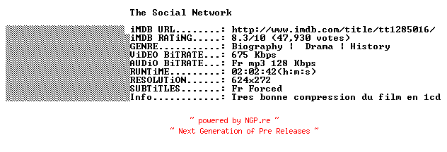 NFO for the release The.Social.Network.2010.FRENCH.BDRiP.XViD-THENiGHTMARE by THENiGHTMARE