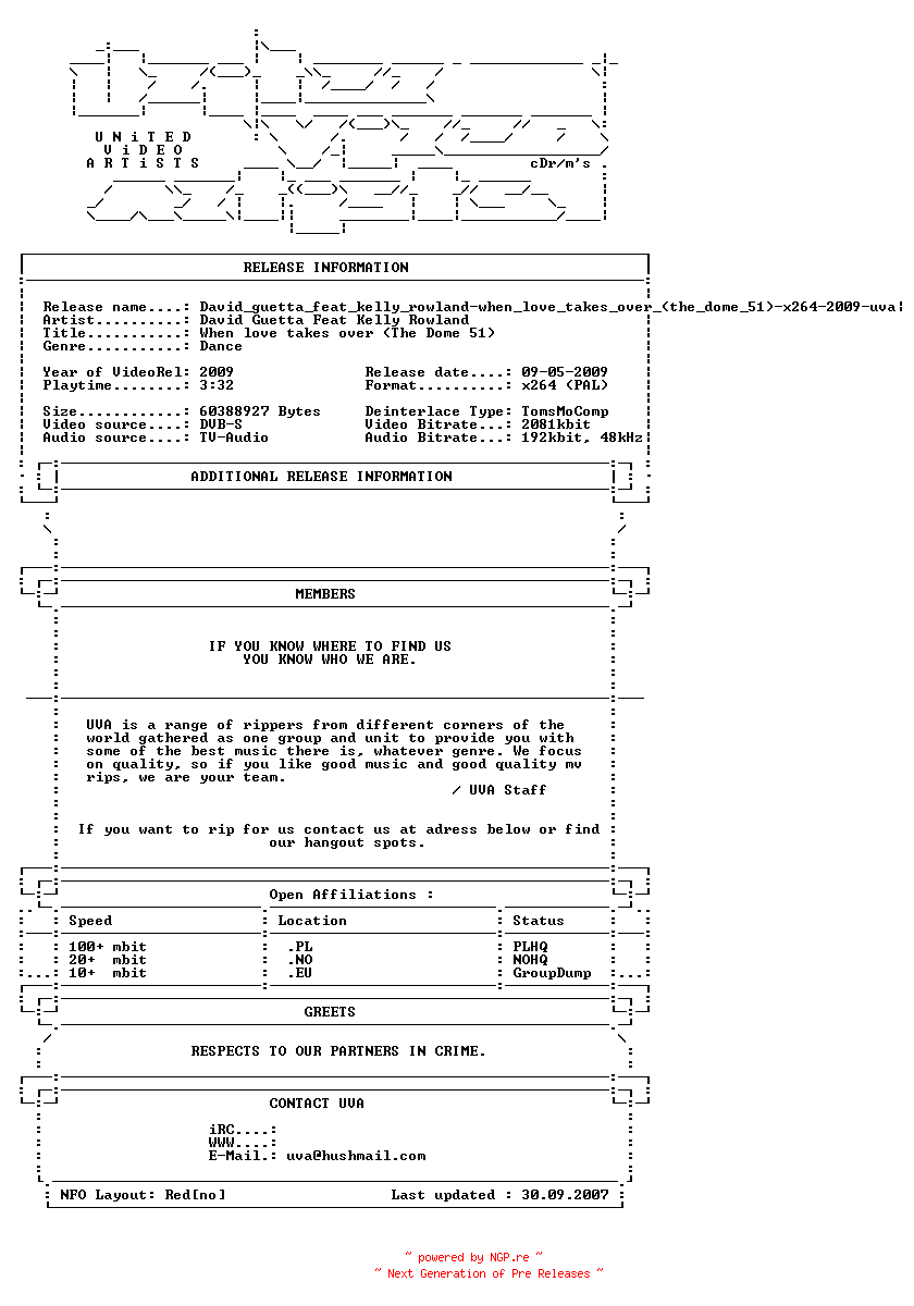 NFO for the release David_guetta_feat_kelly_rowland-when_love_takes_over_(the_dome_51)-x264-2009-uva by uva