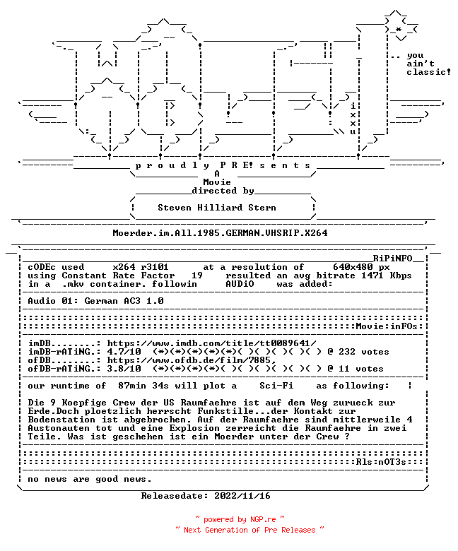 NFO for the release Moerder.im.All.1985.GERMAN.VHSRIP.X264-WATCHABLE by WATCHABLE