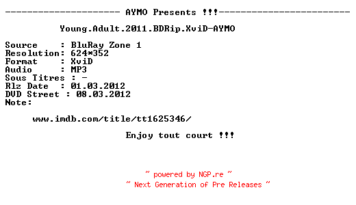 NFO for the release Young.Adult.2011.FRENCH.BDRip.XviD-AYMO by AYMO