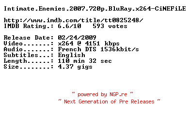 NFO for the release Intimate.Enemies.2007.720p.BluRay.x264-CiNEFiLE by CiNEFiLE