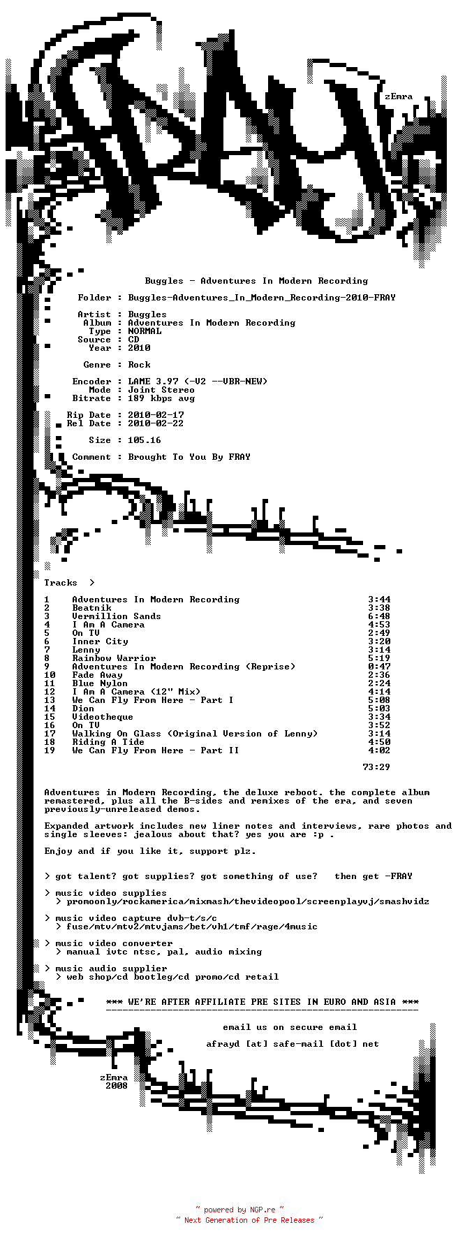 NFO for the release Buggles-Adventures_In_Modern_Recording-2010-FRAY by FRAY