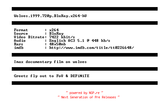 NFO for the release Wolves.1999.720p.BluRay.x264-hV by hV