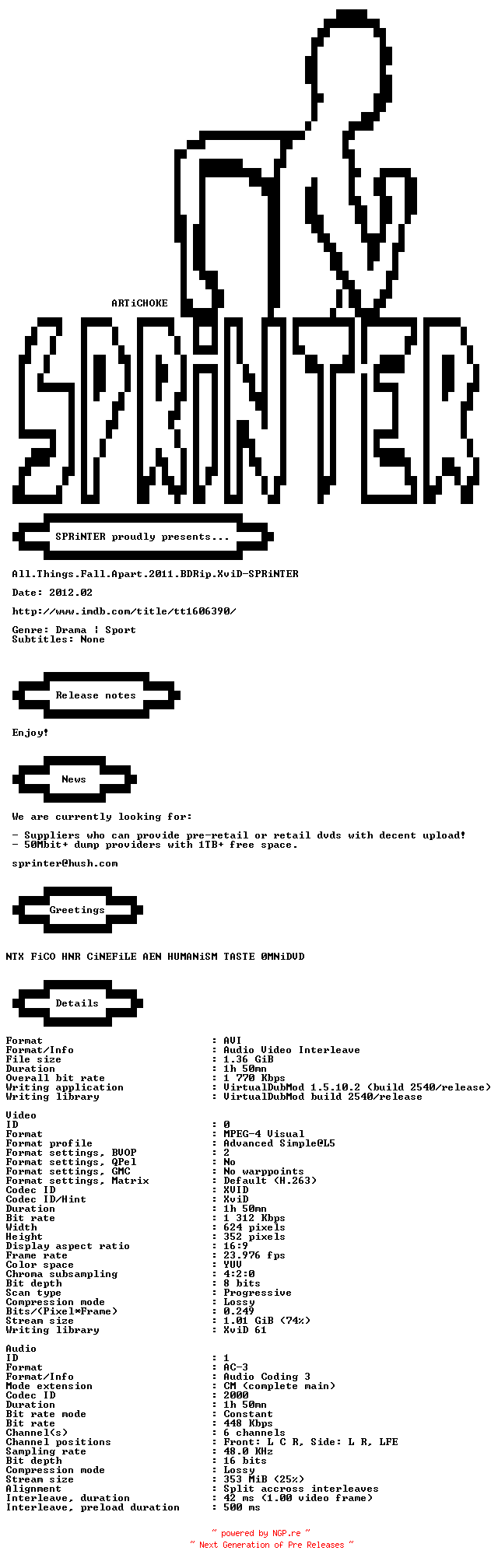 NFO for the release All.Things.Fall.Apart.2011.BDRip.XviD-SPRiNTER by SPRiNTER
