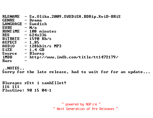 NFO for the release Sa.Olika.2009.SWEDiSH.BDRip.XviD-BRiS by BRiS