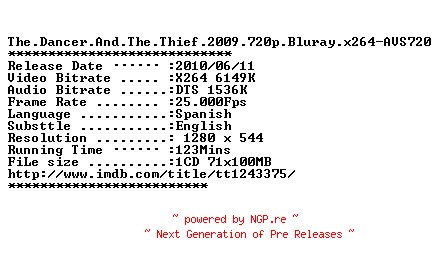 NFO for the release The.Dancer.And.The.Thief.2009.720p.Bluray.x264-AVS720 by AVS720