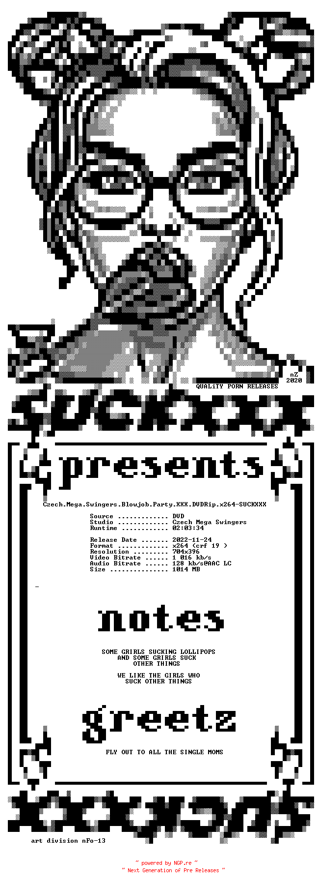 NFO for the release Czech.Mega.Swingers.Blowjob.Party.XXX.DVDRip.x264-SUCKXXX by SUCKXXX