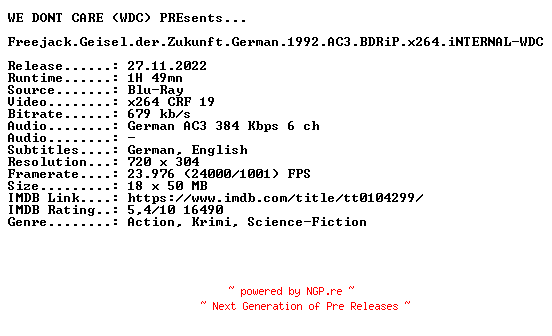 NFO for the release Freejack.Geisel.der.Zukunft.German.1992.AC3.BDRiP.x264.iNTERNAL-WDC by WDC