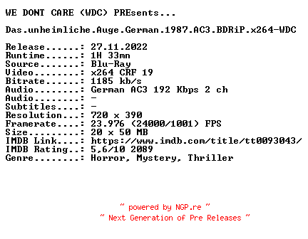 NFO for the release Das.unheimliche.Auge.German.1987.AC3.BDRiP.x264-WDC by WDC