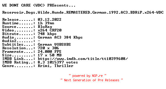 NFO for the release Reservoir.Dogs.Wilde.Hunde.REMASTERED.German.1992.AC3.BDRiP.x264-WDC by WDC