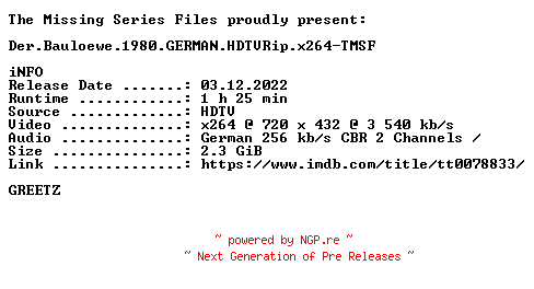 NFO for the release Der.Bauloewe.1980.GERMAN.HDTVRip.x264-TMSF by TMSF