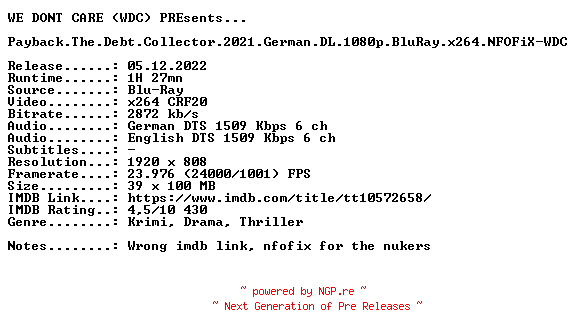 NFO for the release Payback.The.Debt.Collector.2021.German.DL.1080p.BluRay.x264.NFOFiX-WDC by WDC