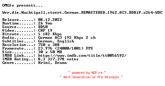 NFO for the release Wer.die.Nachtigall.stoert.German.REMASTERED.1962.AC3.BDRiP.x264-WDC by WDC