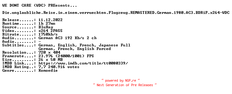 NFO for the release Die.unglaubliche.Reise.in.einem.verrueckten.Flugzeug.REMASTERED.German.1980.AC3.BDRiP.x264-WDC by WDC