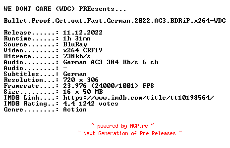 NFO for the release Bullet.Proof.Get.out.Fast.German.2022.AC3.BDRiP.x264-WDC by WDC
