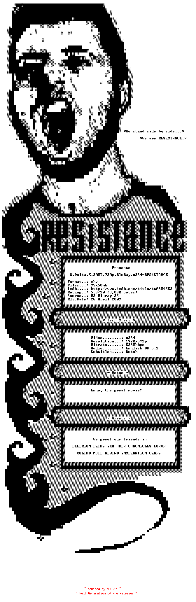 NFO for the release W.Delta.Z.2007.720p.BluRay.x264-RESiSTANCE by RESiSTANCE