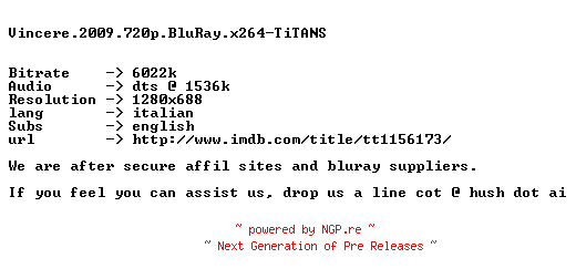 NFO for the release Vincere.2009.720p.BluRay.x264-TiTANS by TiTANS