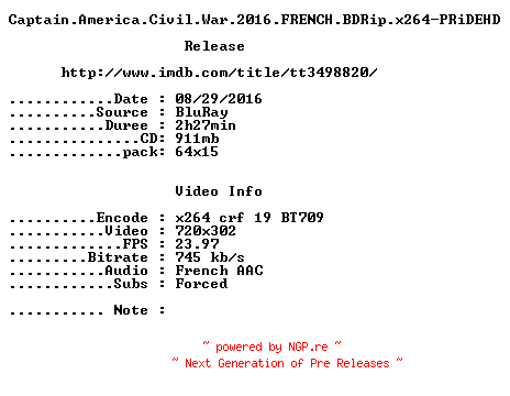 NFO for the release Captain.America.Civil.War.2016.FRENCH.BDRip.x264-PRiDEHD by PRiDEHD