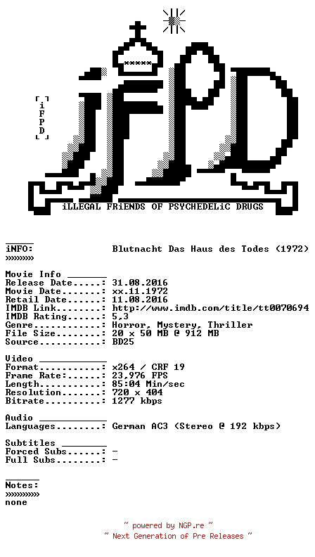 NFO for the release Blutnacht.Das.Haus.des.Todes.German.1972.AC3.BDRiP.x264-iFPD by iFPD