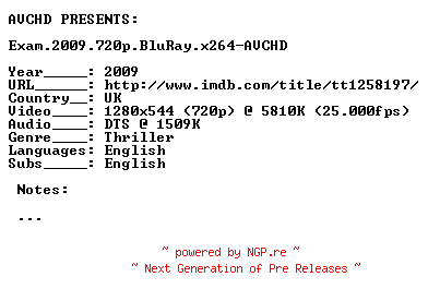 NFO for the release Exam.2009.720p.BluRay.x264-AVCHD by AVCHD