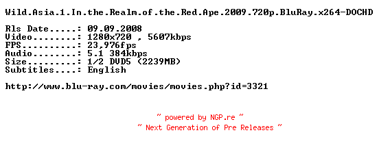 NFO for the release Wild.Asia.1.In.the.Realm.of.the.Red.Ape.2009.720p.BluRay.x264-DOCHD by DOCHD