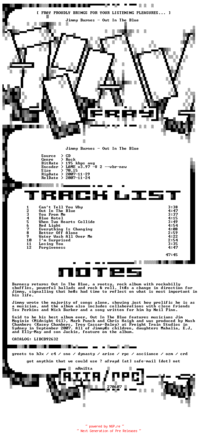 NFO for the release Jimmy_Barnes-Out_In_The_Blue-2007-FRAY by FRAY